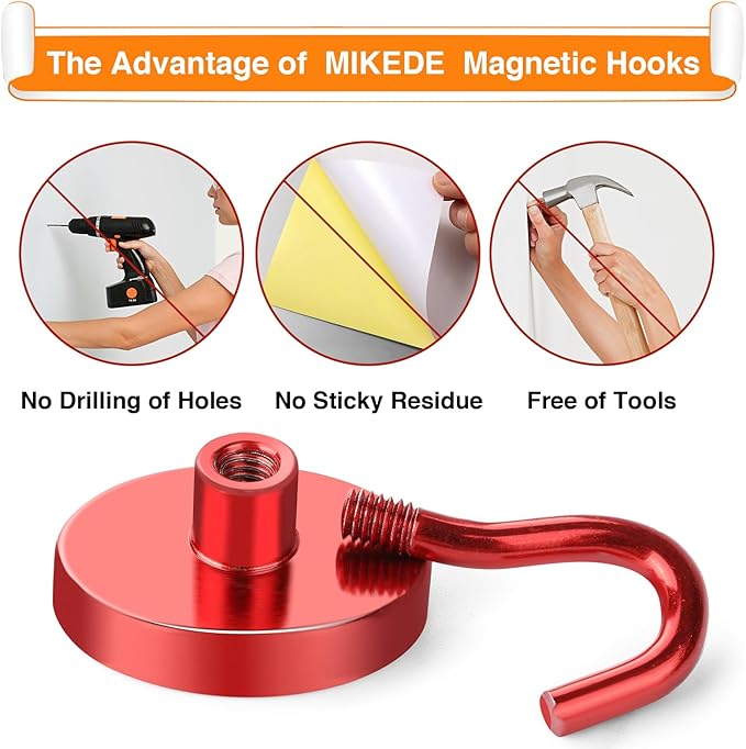 MIKEDE Strong Magnetic Hooks, 120Lbs Heavy Duty Magnetic Hooks for Cruise, Neodymium Earth Magnets with Hooks for Hanging, Super Metal Industrial Magnets for Grill, Storage (Yellow,10 Pack)
