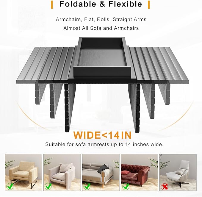 Sofa Arm Rest Tray Table for Couch - 2-in-1 Couch Arm Table with Be Slide Detachable Tray - Anti-Slip Foldable Sofa Armchair Caddy for Drinks Cup Cellphone TV Remote Snacks (Black)