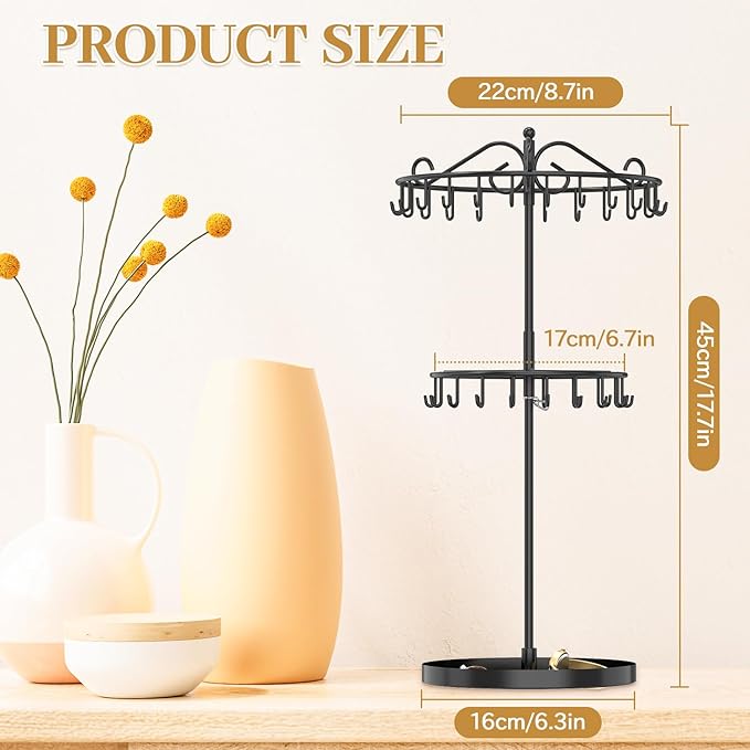 MODOWEY Rotating Necklace Holder Organizer Display Stand with 42 Hooks, 2 Tier Adjustable Metal Necklace Tree Rack with Jewelry Tray for Men Women, Tall Bracelet Storage Hanger for Selling, Black