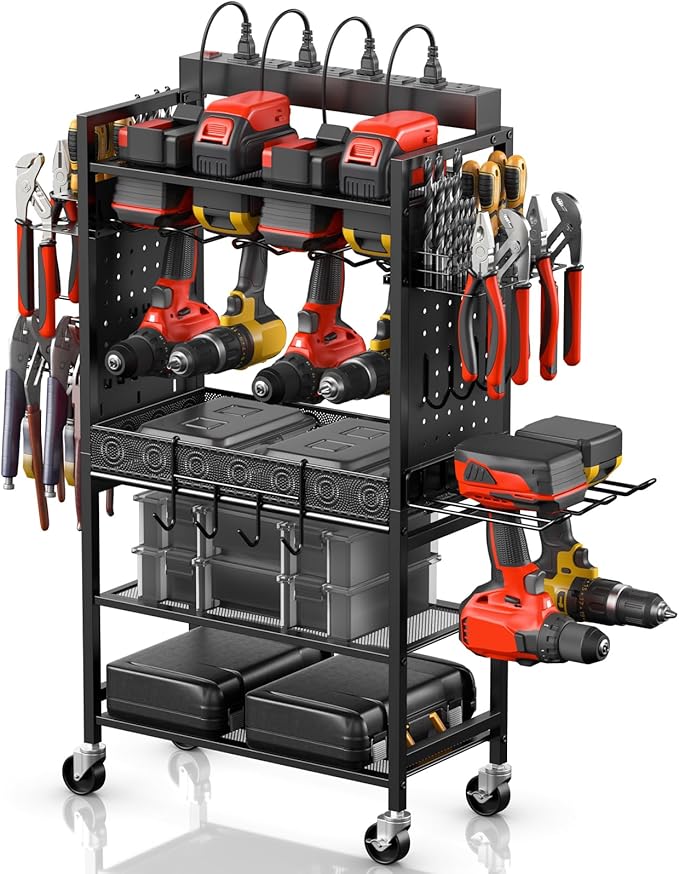 CCCEI Power Tool Organizer Cart with Charging Station, Garage Floor Rolling Storage Cart on Wheels for Mechanic, Mobile 6 Drill, Tool Box Utility Cart with Battery Charging Power Strip, Black