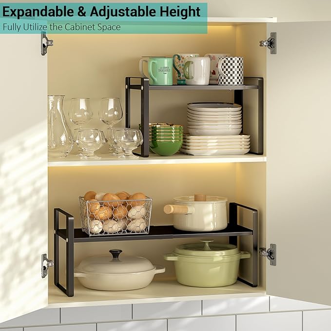 Expandable Cabinet Organizer Shelves, 88lbs High Weight Capacity, Heavy-Duty Metal Storage Rack, Adjustable Cabinet Shelf for Kitchen, Pantry, Cupboard, Under Sink, Black, Patent Pending