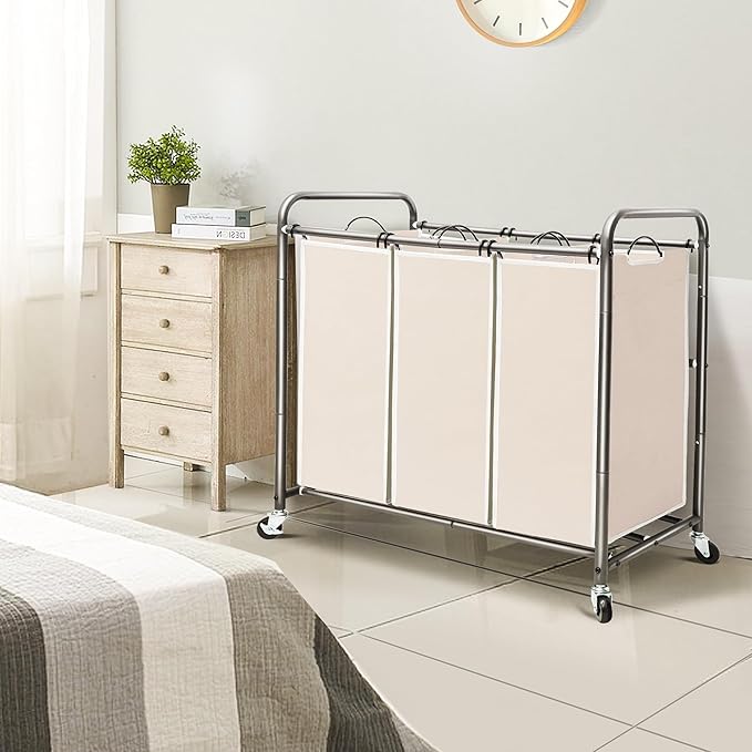 STO STO Laundry Sorter 3 Section, 3 Bag Laundry Hamper, Rolling Laundry Cart, Laundry Basket with Heavy Duty Lockable Wheels and Removable Bag for Clothes Storage, Beige