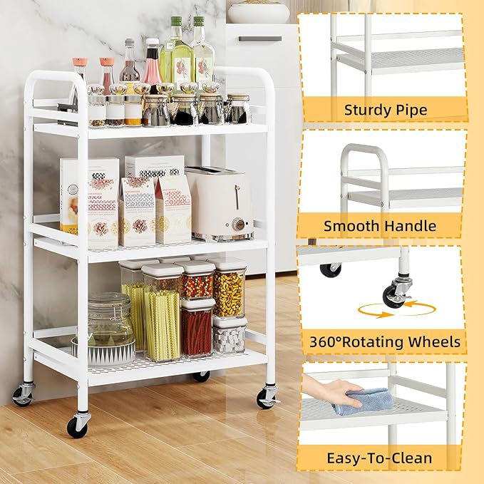HDANI 3 Tier Rolling Cart,Heavy Duty Multifunctional Metal Frame-Supports 22 Lbs Per Tier,Rolling Cart with 2 Lockable Wheels for Office,Home,Bedroom,Kitchen,Bathroom (White)…
