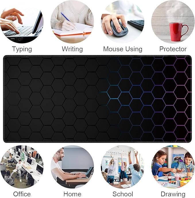 Hexagon Honeycomb Large Mouse Pad,Gaming Keyboard Desk Pad,Extended Mouse Mat Non-Slip Rubber Base with Stitched Edges for Office Game Home XXL 35.4"x15.7"