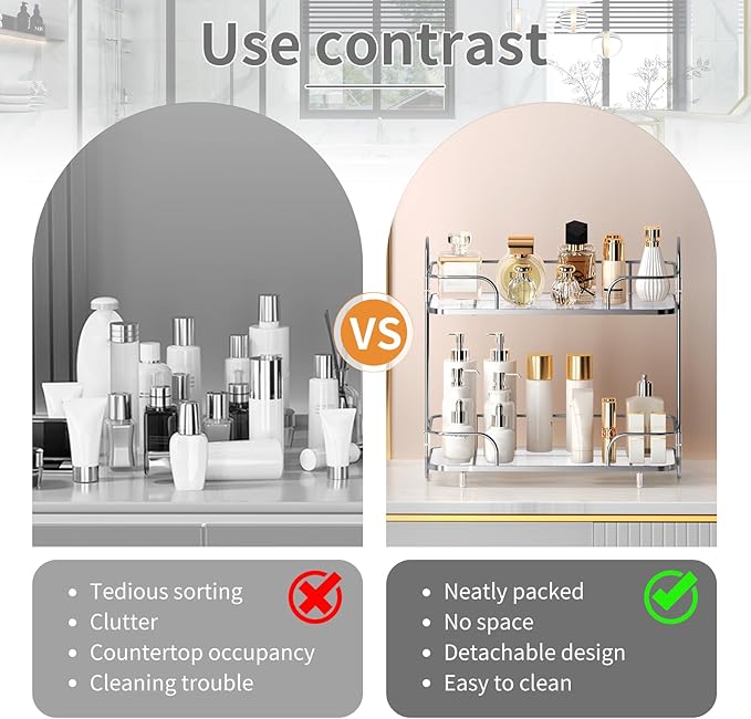 Seoneiro 2 Tier Corner Bathroom Counter Organizer, Cosmetic Skincare ，Bathroom Countertop Perfume Tray Vanity, Kitchen Spice Corner Storage Shelf
