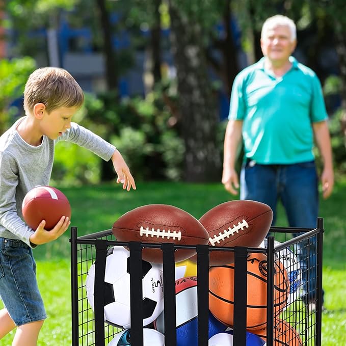VEVOR Rolling Sports Ball Storage Cart, Lockable Basketball Cage with Double Lids, Sport Equipment Holder Organizer for Indoor Outdoor, Steel Storage Rack for Garages, Playgroup, Gym and Schools