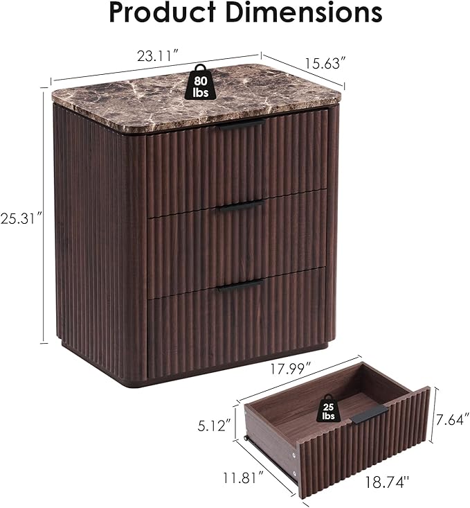 Fluted Nightstand with 3 Drawers, Engineered Wood Bedside Table with Faux Marble-Top, Modern End Table with Curved Corners, Metal Handle, Large Night Stand for Bedroom, Office, Closet, Dark Oak