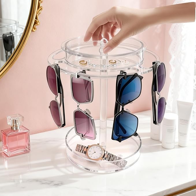 Acrylic Sunglasses Holder Stand with 360° Rotation - Double-Layer Trays, Dustproof Top Lid, Clear Eyeglasses Display Rack for Tabletop/Vanity/Office - Space-Saving, Shatter-Resistant & Modern Decor
