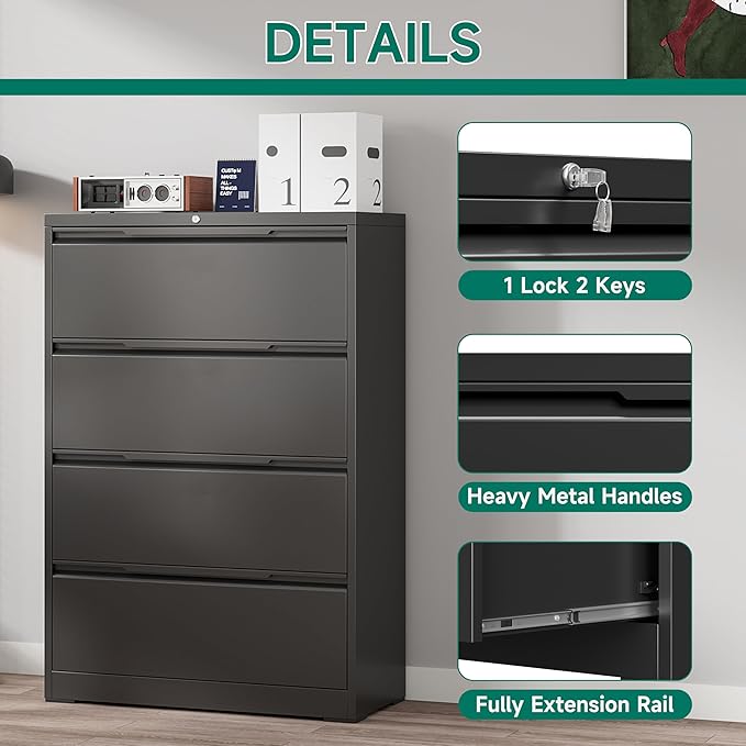 Metal Steel Filling Cabinets for Home Office - 4 Drawer Lockable Lateral File Cabinet for Hanging Files Letter/Legal/F4/A4 Size, Assembly Required - Black