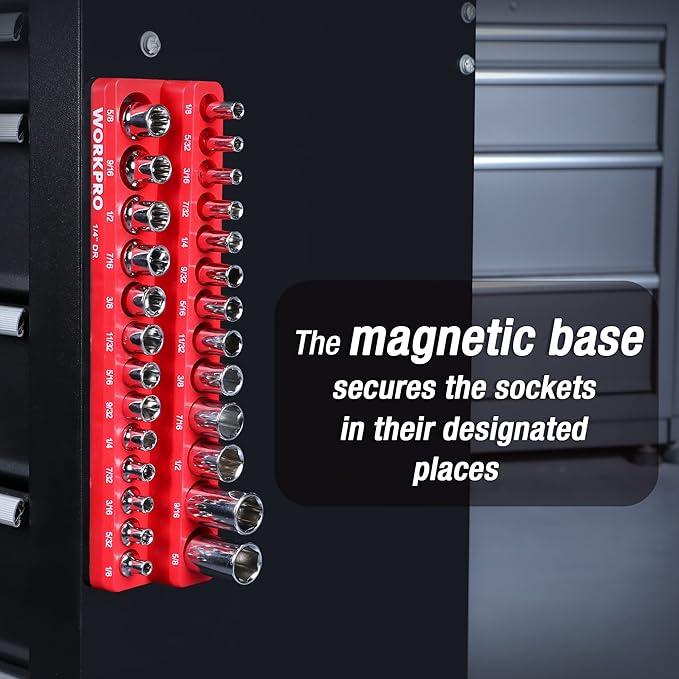 WORKPRO Magnetic Socket Organizer, 1/4-Inch SAE Socket Holder, Socket Trays Holds 26 Pieces Standard Size and Deep Size Sockets(Sockets not Included)