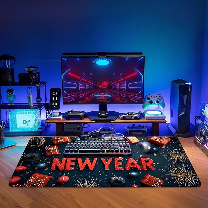 Happy New Year Gaming Mouse Pad 35.4"x15.7"Desk Mat Anti-Slip Rubber Base & Durable Stitched Edges for Gamers Smooth Mouse Writing Surface for Desk Office/Home