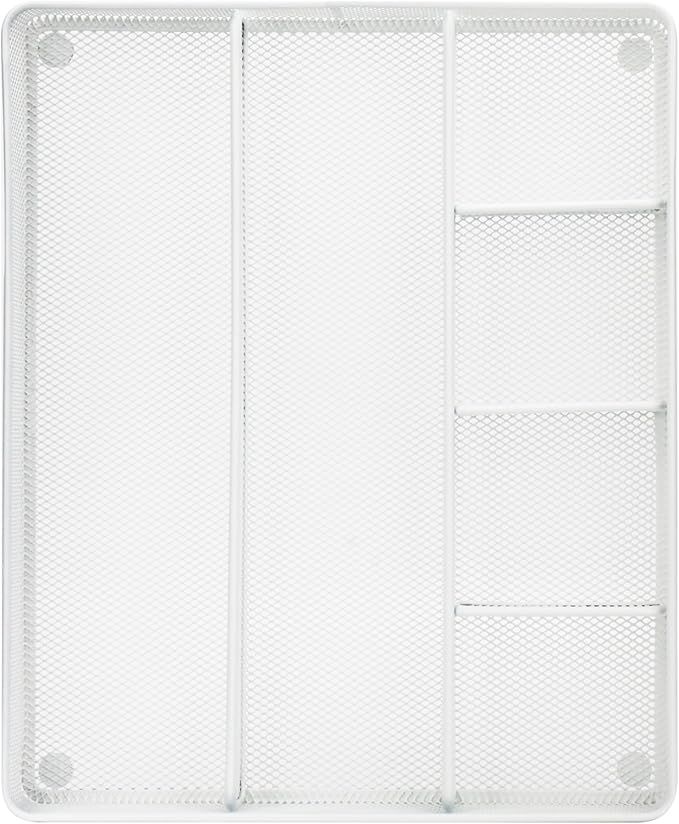 Annova Desk Top Organizer Tray for Office Organization - Metal Mesh - Storage Tray with Dividers for Pens, Desktop Accessories, Bathroom, Kitchen, Makeup and Office Supplies (Large, White)