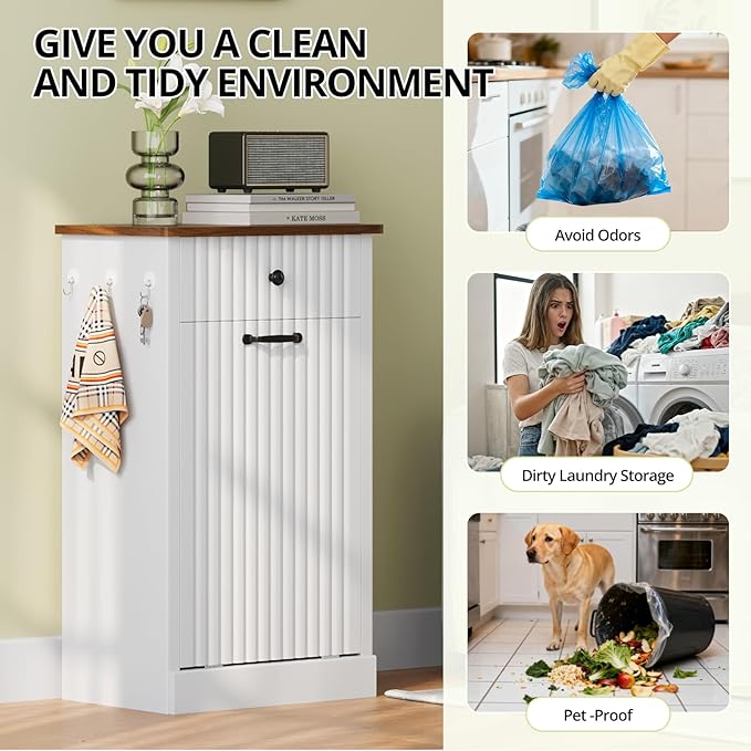 Tilt Out Trash Can Cabinet, 10 Gallon Fluted Laundry Hamper Cabinet with Drawers, Freestanding Wooden Hidden Garbage Can Cabinets for Kitchen, Living Room, Without Trash Bin or Laundry Hamper, White