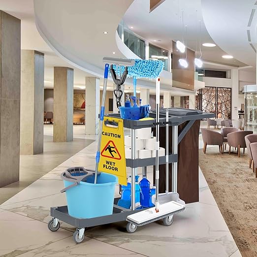 Commercial Janitorial Cleaning Cart on Wheels with Cover and Vinyl Bag, 3-Shelf Custodial Cart Housekeeping Carts for Hotels, Stores, Schools, and Business