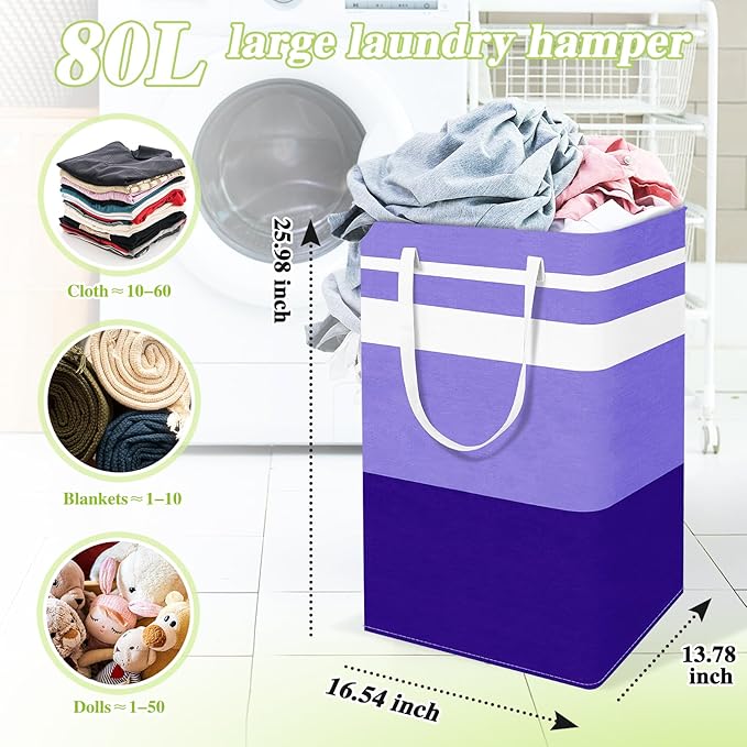 2-Pack Foldable Laundry Basket,Large Laundry Baskets with Handles,Waterproof Laundry Hamper,Collapsible Laundry Hampers for Clothes Organizer 80L (Purple)