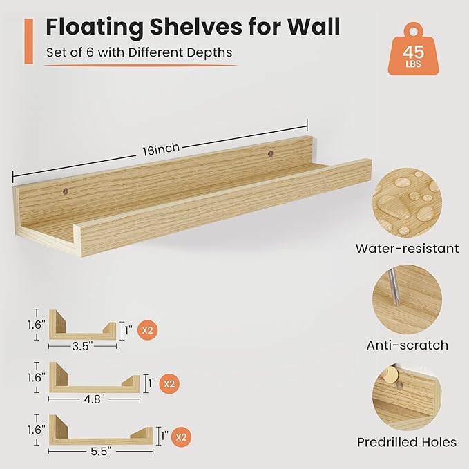 Fun Memories Picture Ledge Shelf, 16 Inch Long Floating Shelves Set of 6, Picture Shelf for Wall with Lip, Large Nursery Book Shelves for Storage, Wall Shelves for Living Room Bedroom Kitchen, Oak