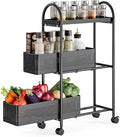 KINGRACK 3-Tier Slim Storage Cart with Pull Out Basket, Rolling Bathroom Organizer Utility, Metal Shelving Unit Slide Out, Lockable Wheels, Easy Assembly for Narrow Place, Kitchen, Laundry Room, Black