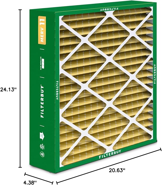 Filterbuy 21x24.5x5 Air Filter MERV 11 Superior Pet & Allergy Defense (4-Pack), Electrostatic Pleated HVAC AC Furnace Filters for Rheem, Ruud, and Protech (Actual Size: 20.63 x 24.13 x 4.38)
