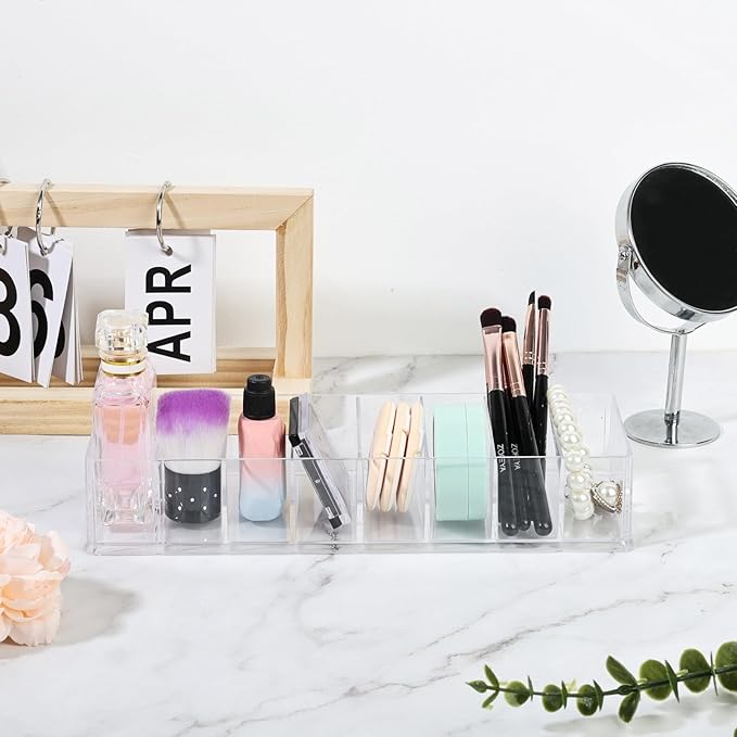 Acrylic Makeup Brush Organizers,2 Pack 8 Section 8 Compartments Transparent Plastic Lipstick Holder Clear 9.96x3.46x1.81 Inches Storage Square Cube for Bathroom Jewelry Accessories