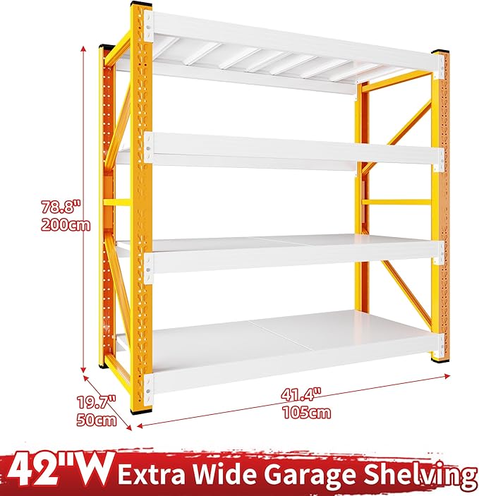3000LBS Garage Shelving 42" W Garage Shelving Heavy Duty 4-Tier Metal Storage Shelves Adjustable Shelf Unit Storage Rack for Basement Supermarket Warehouse 42" W x 20" D x 78" H Orange-White
