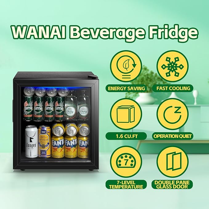 WANAI Beverage Refrigerator Cooler 1.6 Cu.Ft Freestanding Beer Fridge with Glass Door LED Light and Adjustable Shelf for Soda or Wine, Perfect for Home Bar Office