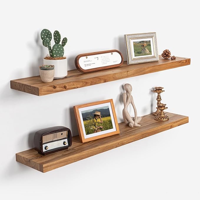 Axeman Floating Shelves for Wall - 40''W x 8'' D Rustic Solid Elm Wood Shelves for Storage, Wall Mounted Display Shelving with Invisible Heavy-Duty Metal Bracket (Natural, 2PCs)