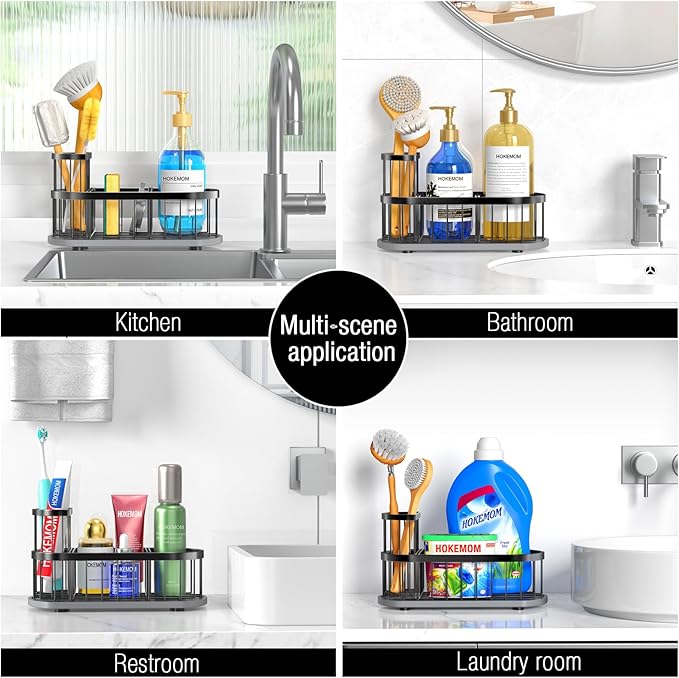 Kitchen Sink Organizer with Sponge Holder & Brush Holder - Drain-Free Non-Slip Base, 2.6mm Stainless Steel with Black Rust-Resistant Coating - Easy Install & Clean Kitchen Sink Caddy