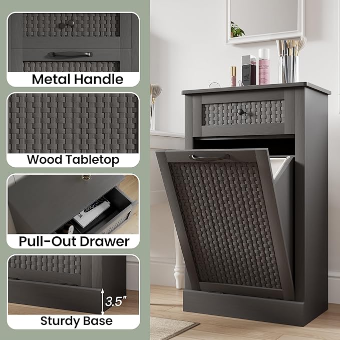 Double Tilt Out Laundry Hamper Cabinet,10 Gallon Laundry Cabinet with Drawers ＆ 2 Hidden Baskets, Farmhouse Storage Basket for Laundry Room, Bathroom, Kitchen, Gray