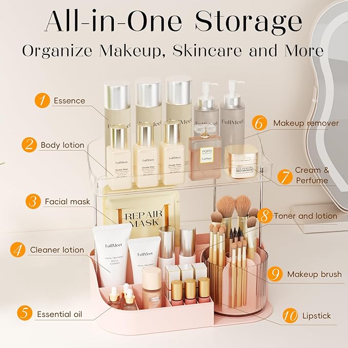 Rotating Makeup Organizer w/Makeup Brush Holder, 2 Tier Bathroom Countertop Organizers, Large Cosmetic Organizer Countertop, Vanity Organizers and Storage for Skincare, Lotion, Lipstick -Pink