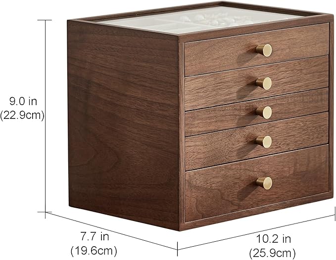Black Walnut Wooden Jewelry Box Women large 5 Layer Drawer Wood Organizer Box with Glass Lid for Necklaces, Watch, Necklace, Ring, Earring Storage - Christmas Gifts