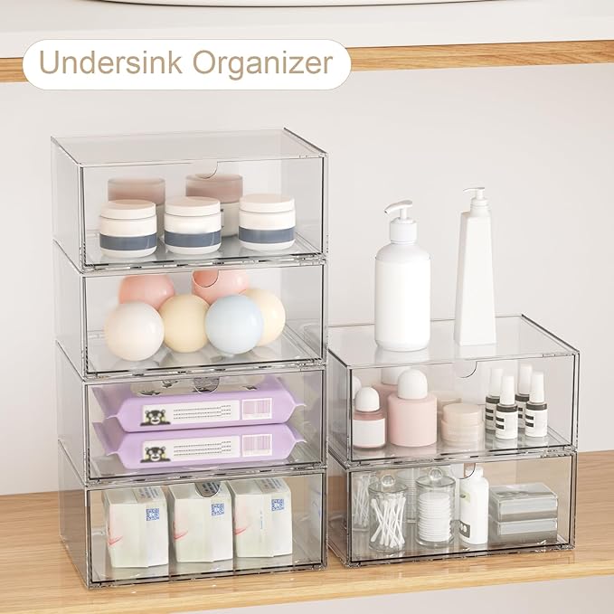 Clear Stackable Storage Drawers, 2 Pack Acrylic Makeup Organizers for Beauty Supplies, Plastic Storage Bins for Bathroom Vanity Countertop, Cabinet, Pantry, Kitchen Undersink, Desk Organization