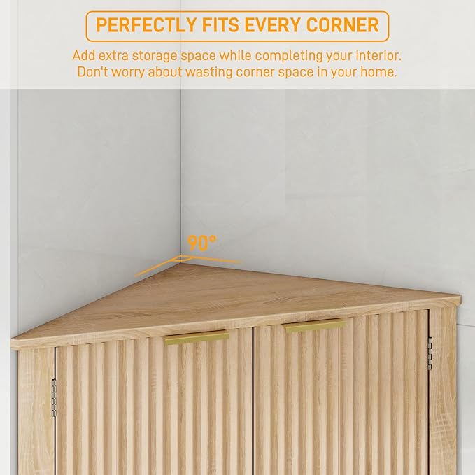 Vabches Corner Bathroom Cabinet, 64 Inch Tall Modern Fluted Corner Cabinet with Doors and Adjustable Shelf Bathroom Space Saver Storage Organizer for Laundry Room, Kitchen(Natural Oak)