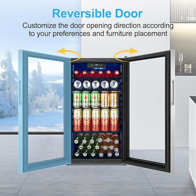 Beverage Refrigerator 126 Can, Mini Beverage Fridge Small Beverage Cooler Stainless Steel with Glass Door Safety Lock, Drink Fridge for Beer Soda Wine, Perfect for Dorm Office Hotel