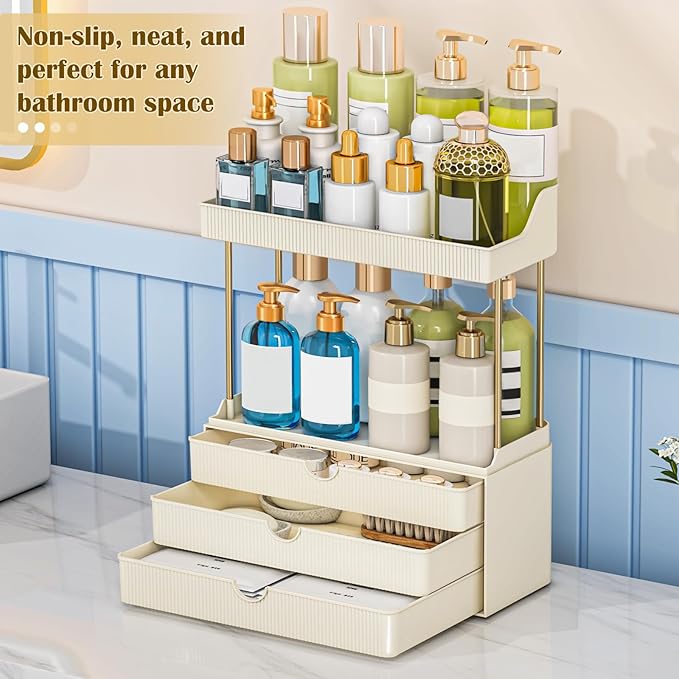 Bathroom Organizers and Storage - 3 Drawers 2 Tier Makeup Organizer, Cosmetic Storage Drawer for Dresser Countertop and Bathroom Vanity for Large Skincare, Perfume, Cream White