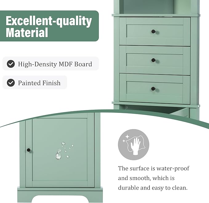 68.9" Tall Triangle Corner Cabinet with 3 Drawers & Adjustable Shelf, Freestanding Storage Cabinet,Water-Resistant, Anti-Tip Design,Space-Saving Organizer for Bathroom, Kitchen, Living Room, Green