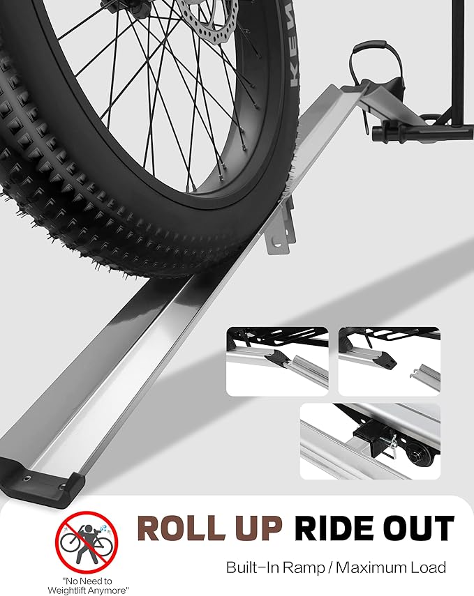RokRack Plus Foldable 2 Ebike Rack with Ramp, 200 lbs Capacity Electric Bike Carrier Platform Mount, Hitch Bike Rack for Car SUV with Hitch Stabilizer, Lock Pin, Rain Cover & Lock