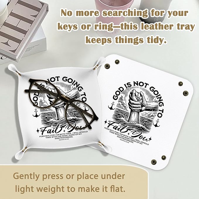 Christian Gifts Leather Jewelry Valet Tray, Religious Bible Verse Gifts PU Leather Catchall Beside Caddy Nightstand Organizer Tray for Jewelry Rings Watches Keys and Accessories, 7.8x7.8inch