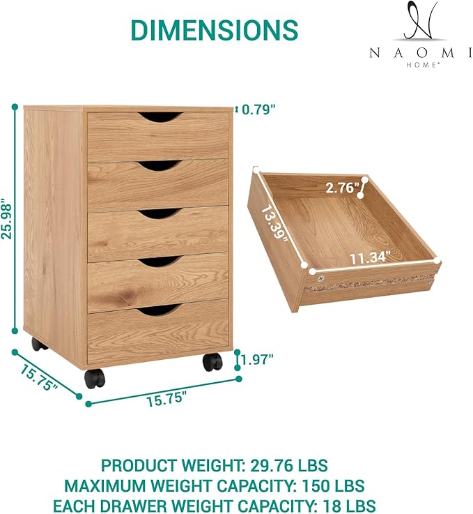 Naomi Home Taylor 5 Drawer Chest, Wood Storage Dresser Cabinet with Wheels, Craft Storage Organization, Makeup Drawer Unit for Closet, Bedroom, Office File Cabinet 180 lbs Total Capacity - Natural
