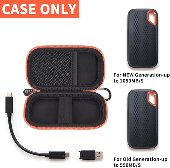 Hard Case Compatible with SanDisk 1TB 2TB 4TB 500GB 8TB Extreme Portable SSD - Up to 1050MB/s - External Solid State Drive. Carrying Travel Holder for USB Cables -Black and Orange Zipper (Bag Only)