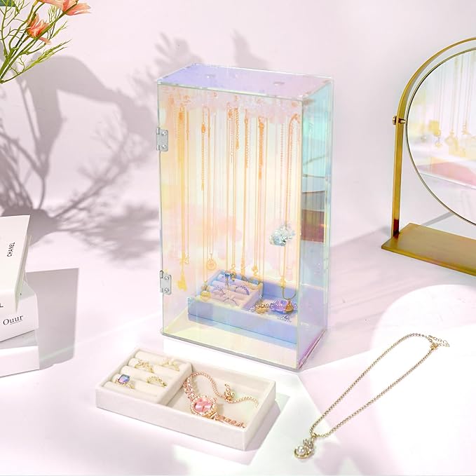 Cirhy Iridescent Necklace Holder Organizer for Women & Girls, Rotating Acrylic Jewelry Display Stand with Velvet Tray, Dustproof Necklace Organizer Box, Great Gift for Her