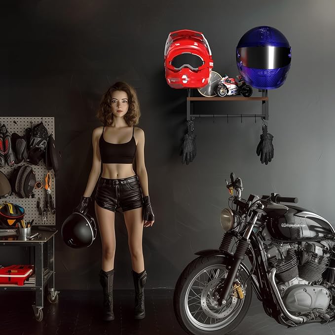 Helmet Holder Wall Mount, Retro Helmet Rack with Wooden Board, 2 Helmet Stands for Moto Gear Storage, Football Accessories Organizer, 4 Clips 5 Hooks for Hanging Gloves Keys, and Tactical Vests