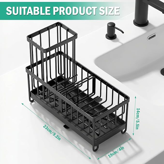 2 Pack Sponge Holder for Kitchen Sink, Sink Caddy Organizer with High Brush Holder & Auto-Drain Tray, Stainless Steel Countertop Storage for Soap Dispenser & Dish Brush, Fast Local Shipping