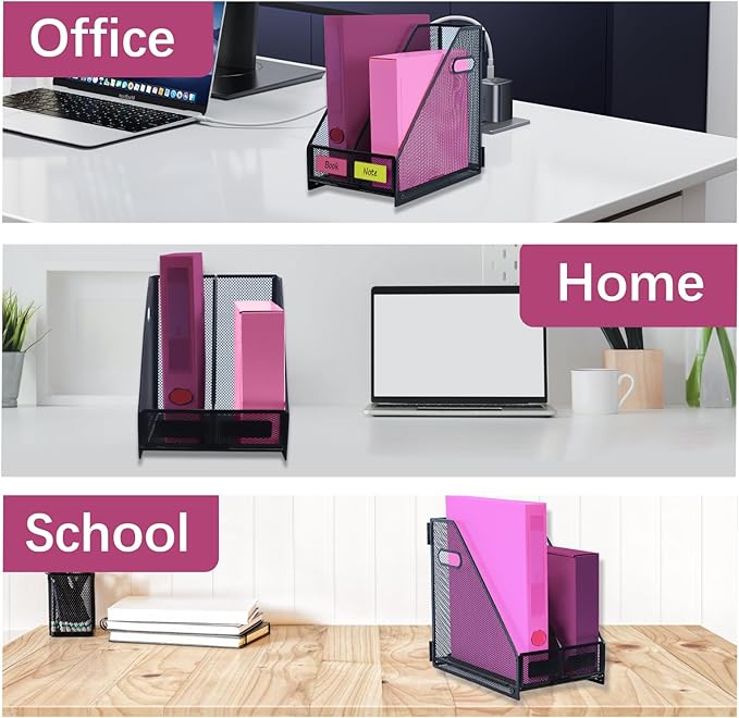 Desk Organizers, Metal Magazine File Holder with 2 Vertical Compartments Rack Binder File Organizer for Office Supplies, Home Workspace - Black