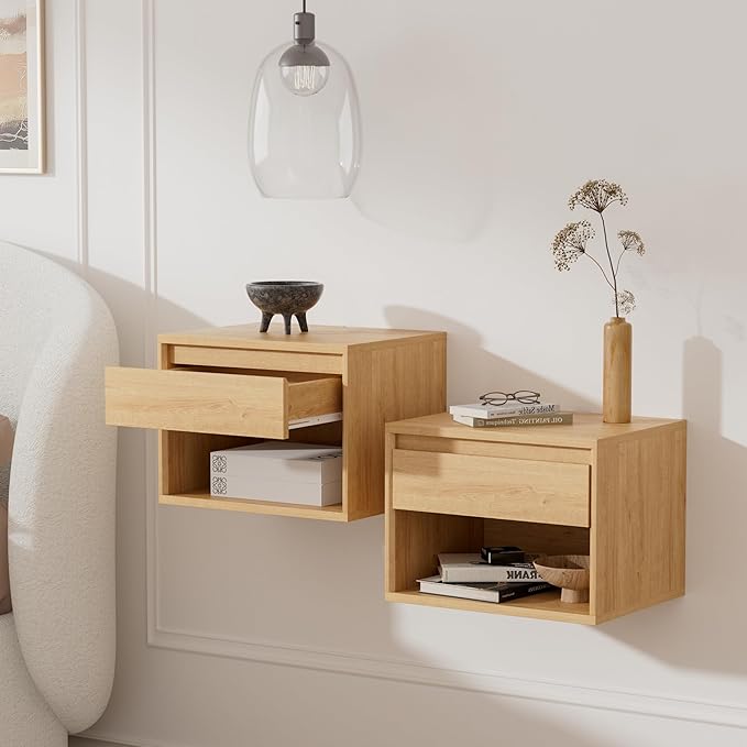 Mid Century Modern Floating Nightstand Set of 4, Wall Mounted End Table with Drawer and Open Compartment Wooden Bedside Night Stand Small Storage Cabinet for Bedroom, Natural Oak