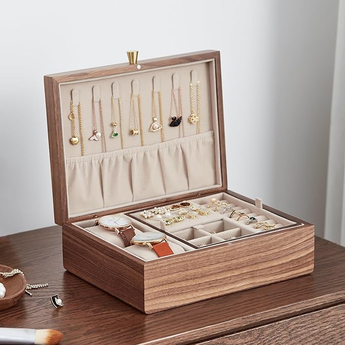 Black Walnut Wooden Jewelry Box for Women 2 Layer Jewelry Organizer with Removable Tray for Watches Rings Earrings Necklace Bracelets Birthday Christmas Gifts