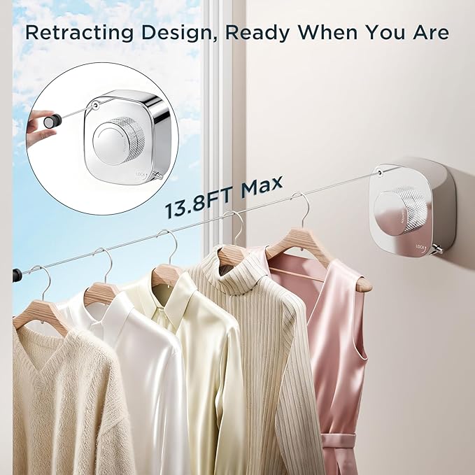 FORIOUS Retractable Clothesline Indoor, 13.8 Ft Non-Sagging Outdoor Clothes Line, Rustproof All Stainless Steel Heavy Duty Clothes Drying Laundry Line, Screw Wall Mounted for Bathroom, Chrome