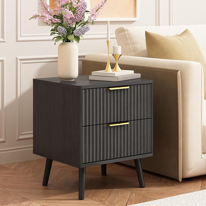 CARPETNAL Fluted Nightstand, Black Bedside Table with 2 Drawers and Gold Handles, Wood End Table Mid Century Night Stands for Bedroom Living Room