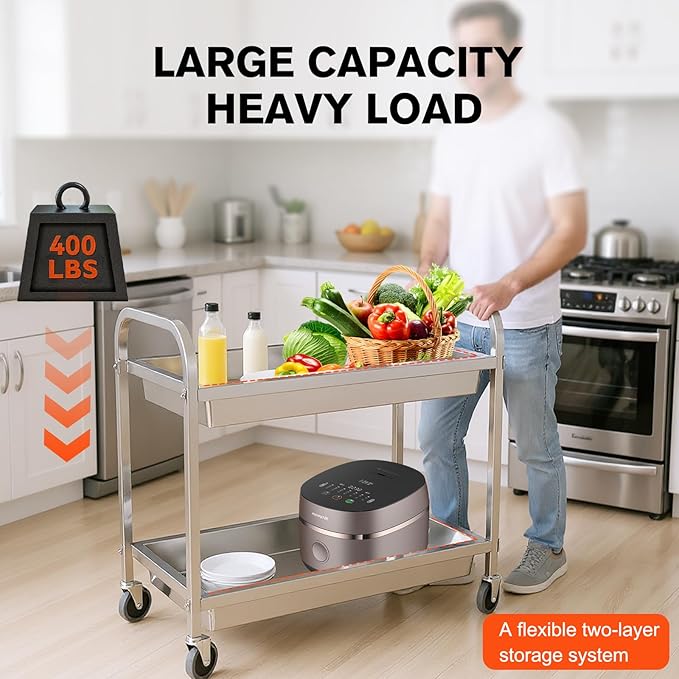 Stainless Steel Kitchen Cart with Lockable Wheels Food Storage Service Trolley Mobile Dining Car Trolley Dining Cart Kitchen Cart Utility Cart Metal Mobile Food Rolling Car 400lbs Capacity