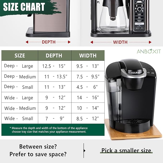 Bamboo Appliance Slider, Sliding Tray for Coffee Maker, Kitchen Countertop Appliance Rolling Tray, Coffee Pot Slider Tray with Rubber Wheels, Deep - Large (16"D x 12"W)