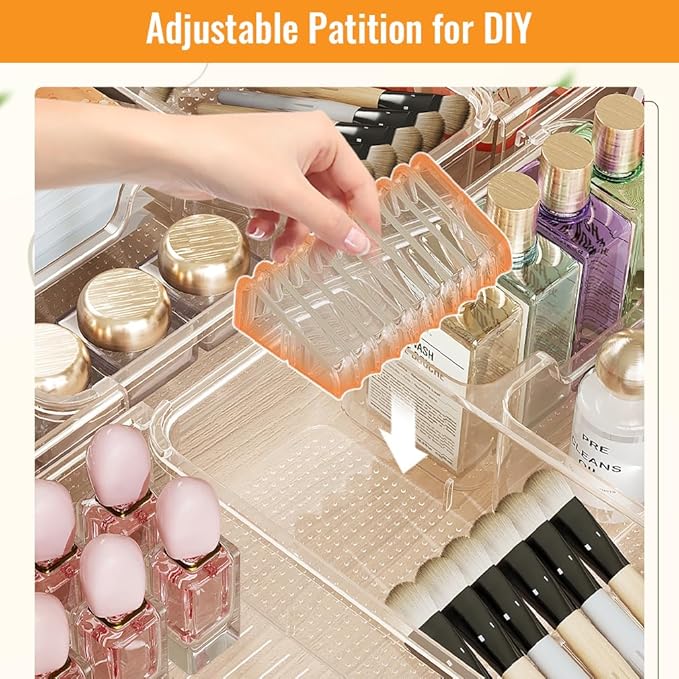 Expandable Drawer Organizer Tray from 11” to 19.1”, Adjustable Silverware in Drawer Holder, Clear Plastic Drawer Storage with Sliding Dividers for Utensil, Cosmetics, Toiletries, Offices